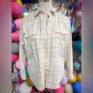 Vintage Liz Sport Wear Women’s Plaid Button Down Shirt Cream Size Small